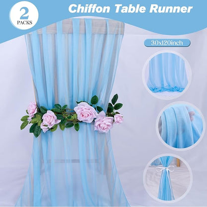 2 Packs 30 x 120 Inches Baby Blue Chiffon Table Runner 10ft Boho Gauze Table - Image 4
