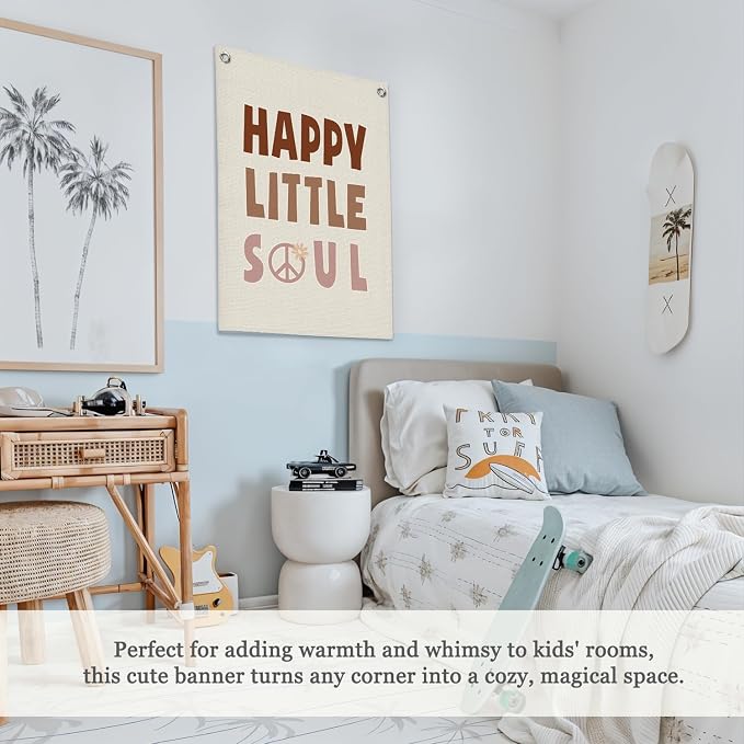 Nursery Wall Decor, Kids Room Decor, Happy Little Soul Linen Canvas Banner - Image 4
