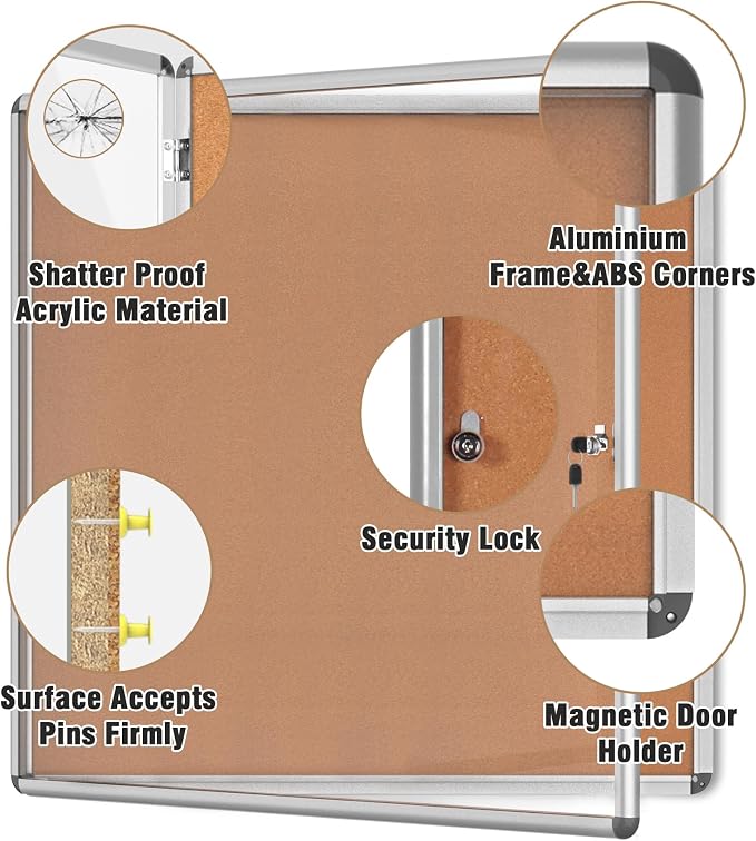 38"x38" Enclosed Bulletin Board, Lockable Weather-Resistant Aluminum Cork - Image 3