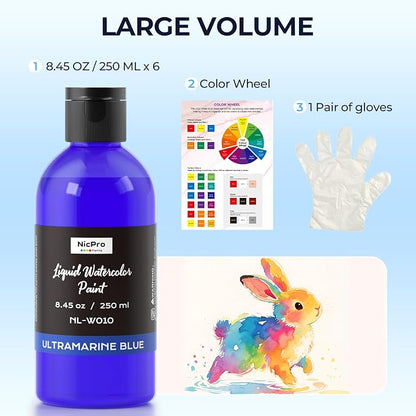 Nicpro 6 Colors Liquid Watercolor Paint Set, 8.45oz Large Bottle Liquid - Image 3