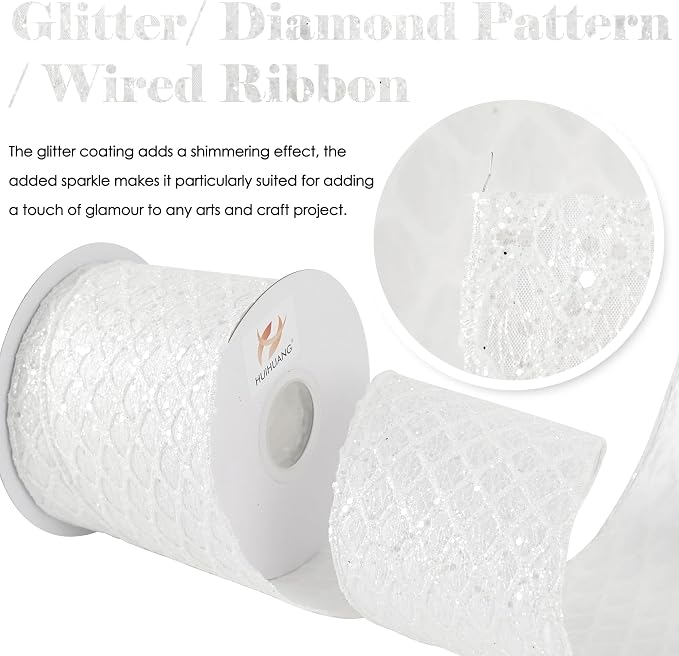 HUIHUANG White Glitter Wired Ribbon, 4 Inch x 30 Ft, Geometric Pattern - Image 2