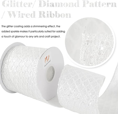 HUIHUANG White Glitter Wired Ribbon, 4 Inch x 30 Ft, Geometric Pattern - Image 2