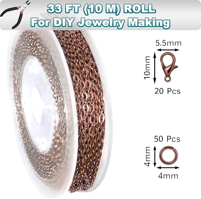 Jishi 33ft Link Cable Chain Roll 2mm, Copper Plated Iron Metal Rolo Necklace - Image 2