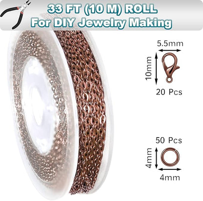 Jishi 33ft Link Cable Chain Roll 2mm, Copper Plated Iron Metal Rolo Necklace - Image 2