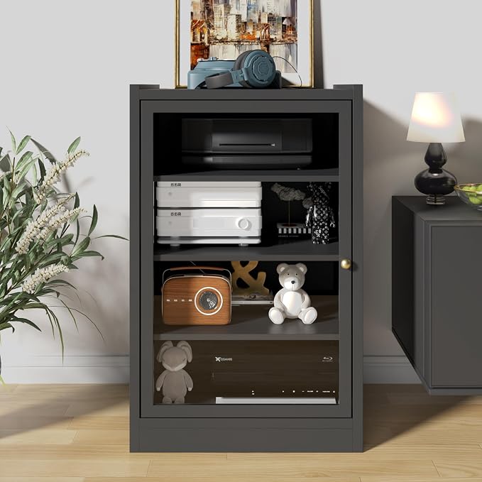 LEVNARY Media Cabinet with Door, AV Media Storage Shelf with Cable Management by LEVNARY