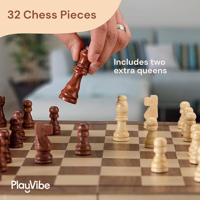 PlayVibe Wooden Chess Set 15'' & Checkers Board Games - Image 5