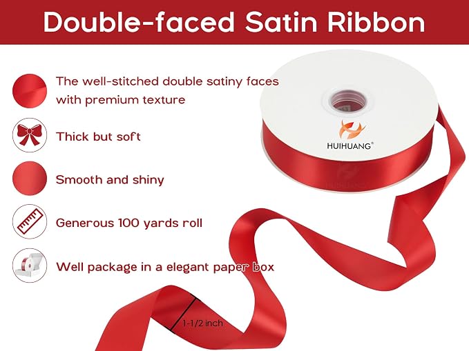 HUIHUANG Red Satin Ribbon 1-1/2 inch x 100 Yards Red Color Double-Faced Satin - Image 2