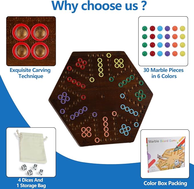 Wahoo Marble Board Game Thicken Wood 4 and 6 Players Fast Track Board Game 2 - Image 3