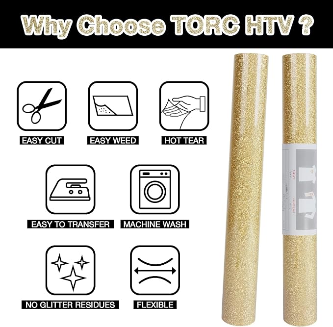 TORC Champagne Glitter HTV Heat Transfer Vinyl 2 Rolls Iron on Vinyl - Image 3