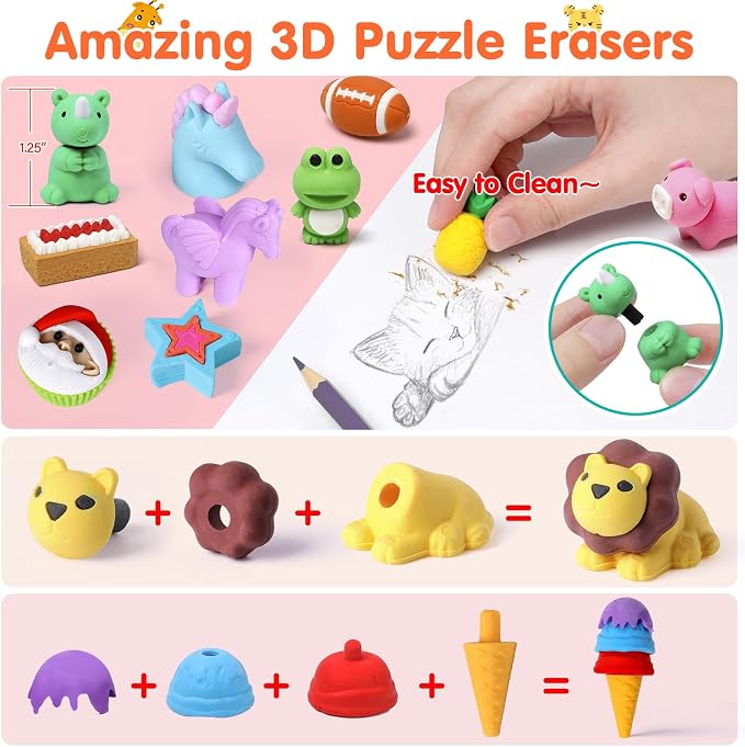 120 Pack Animal Pencil Erasers for Kids, 3D Mini Puzzle Take Apart Erasers - Image 4