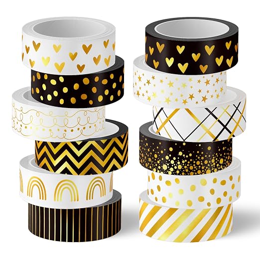 Whaline 12 Rolls Gold Foil Pattern Washi Tape Heart Dot Stripe Rainbow Masking by Whaline