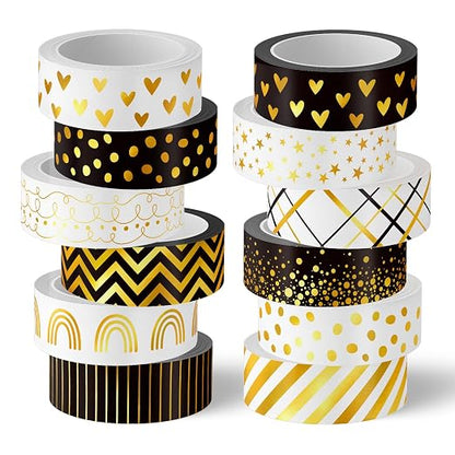 Whaline 12 Rolls Gold Foil Pattern Washi Tape Heart Dot Stripe Rainbow Masking by Whaline