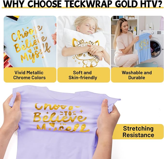 TECKWRAP Gold HTV Heat Transfer Vinyl 12" x 5ft Chrome Gold Vinyl - Image 3