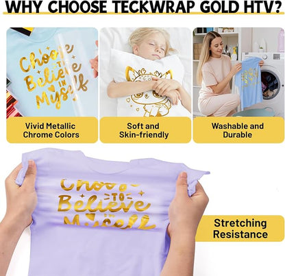 TECKWRAP Gold HTV Heat Transfer Vinyl 12" x 5ft Chrome Gold Vinyl - Image 3