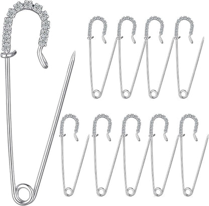 Housweety 10 Silver Tone Rhinestone Safety Pins Brooches 6.5x1.8cm by HOUSWEETY