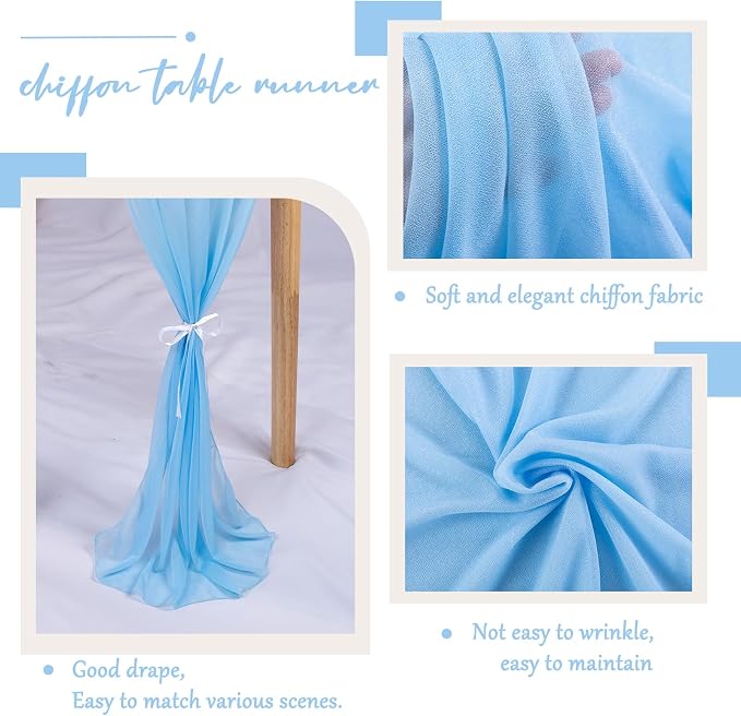 2 Packs 30 x 120 Inches Baby Blue Chiffon Table Runner 10ft Boho Gauze Table - Image 3