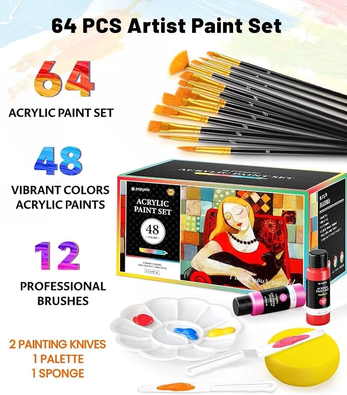 64 PCS Acrylic Paint Set with 12 Brushes, 2 Knives & Palette, 48 Colors Art - Image 2
