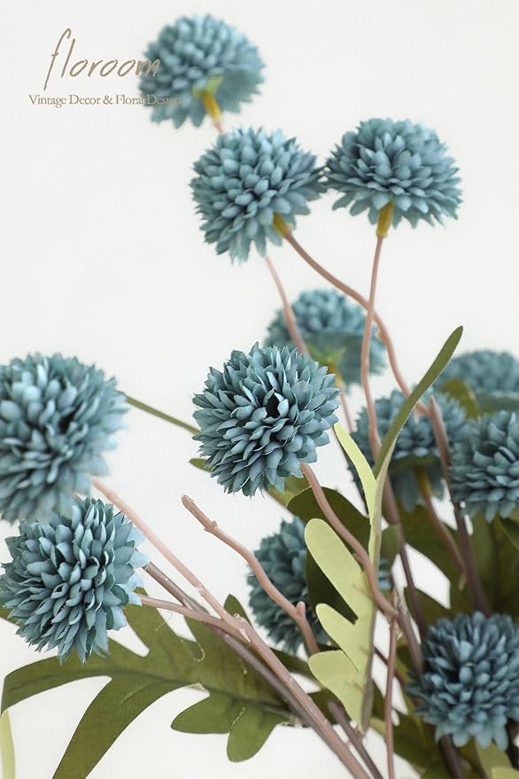 Floroom 5pcs Dusty Blue Faux Silk Mums Artificial Flowers, Bulk Fake Small Mini - Image 3