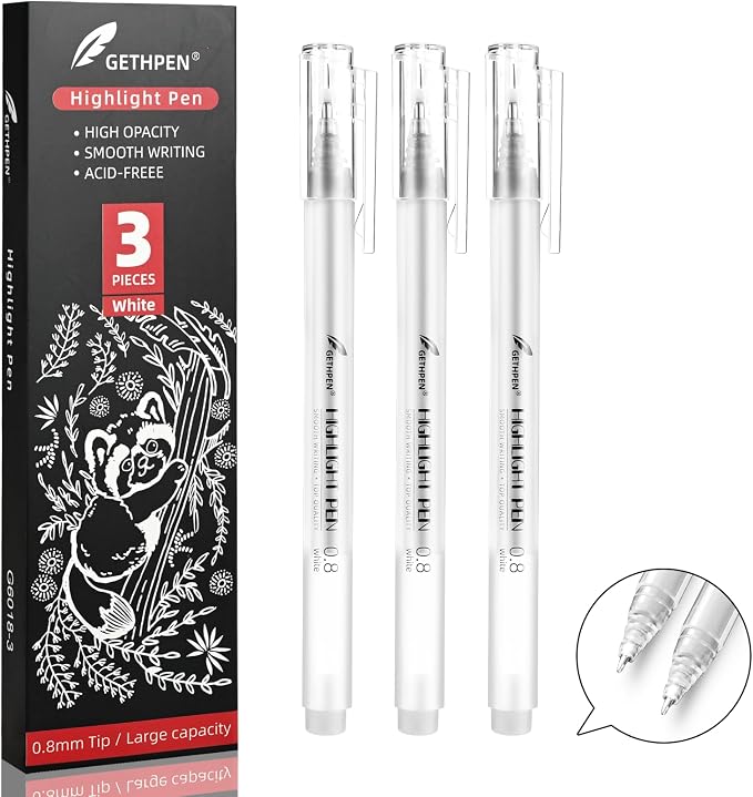 White Gel Pens, 0.8mm Fine Point Gel Ink Pen Set – 3 Pack Opaque Archival Ink by GETHPEN
