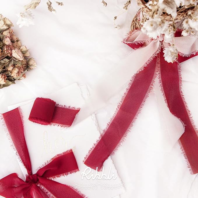 Ribbli Dark Red Chiffon Ribbon 1-1/2 inch x 20 Yard Handmade Fringe Chiffon - Image 4