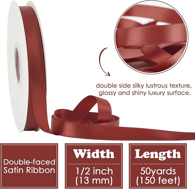 HUIHUANG Rust Satin Ribbon 1/2 inch X 50 Yards Continuous Rust Red Double-Faced - Image 2