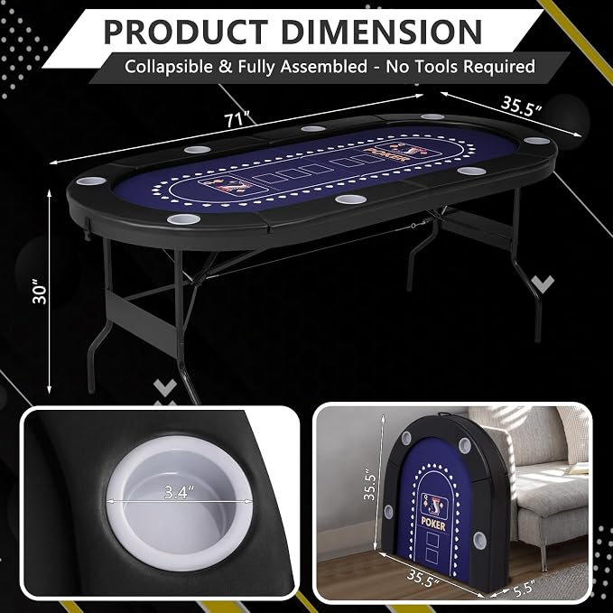 71" Foldable Poker Table for 8 Players, Professional Texas Hold'em Casino Table - Image 7