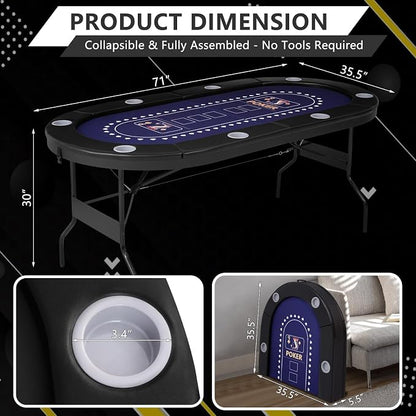 71" Foldable Poker Table for 8 Players, Professional Texas Hold'em Casino Table - Image 7