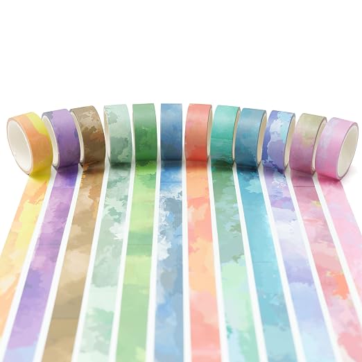 YUBX Watercolors Washi Tape Set 12 Rolls Pastel Colors Masking Macaron Graphic - Image 3
