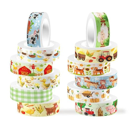 12 Rolls Farm Animals Washi Tape Set, Farmhouse Cow Sheep Pig Ducks Decorative by Unknown