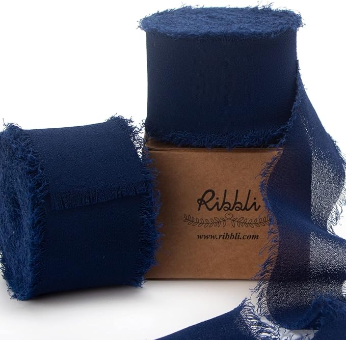Ribbli Navy Chiffon Ribbon 1-1/2 inch x 20 Yard Handmade Fringe Chiffon Silk by Ribbli