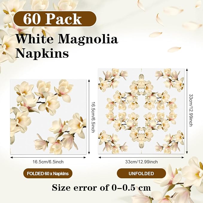 60 Pcs White Magnolia Floral Cocktail Paper Napkins 6.5 x 6.5 Inches Disposable - Image 2