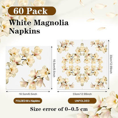 60 Pcs White Magnolia Floral Cocktail Paper Napkins 6.5 x 6.5 Inches Disposable - Image 2