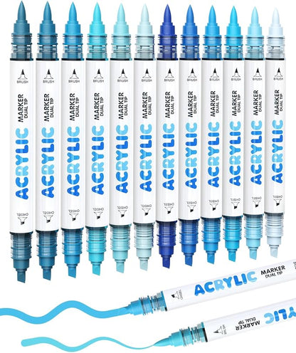 Guangna 12 Blue Dual Tip Acrylic Paint Markers, Brush Tip & Chisel Tip Acrylic by GuangnaArtSupplies
