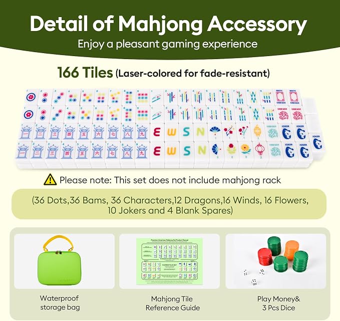Mahjong Tile Set Equipped with Mahjong Instructions, 166 Quality White Engraved - Image 2