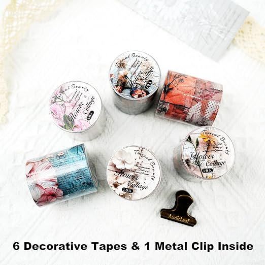 Vintage Floral Washi Tape Set – 6 Rolls, 2M Non-Repeating Flower Collage Designs - Image 2