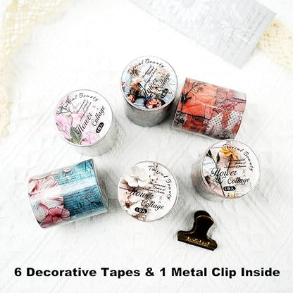 Vintage Floral Washi Tape Set – 6 Rolls, 2M Non-Repeating Flower Collage Designs - Image 2