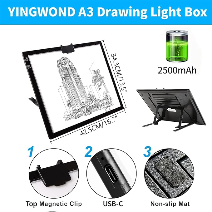 Wireless Rechargeable A3 LED Light Pad w/Built-in Foldable Stand, 3 Color Tone - Image 4