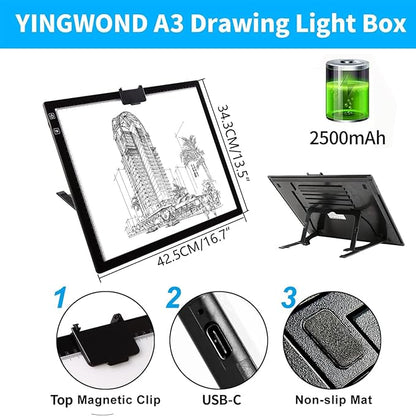 Wireless Rechargeable A3 LED Light Pad w/Built-in Foldable Stand, 3 Color Tone - Image 4