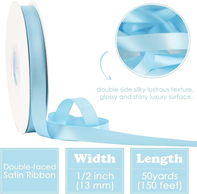 HUIHUANG Blue Satin Ribbon 1/2 inch X 50 Yards Continuous, Baby Blue - Image 2