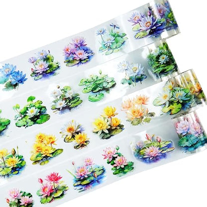 Lotus Pond PET Tape Set, 4 Rolls Pre-Cut Floral Stickers by Auriicleaf