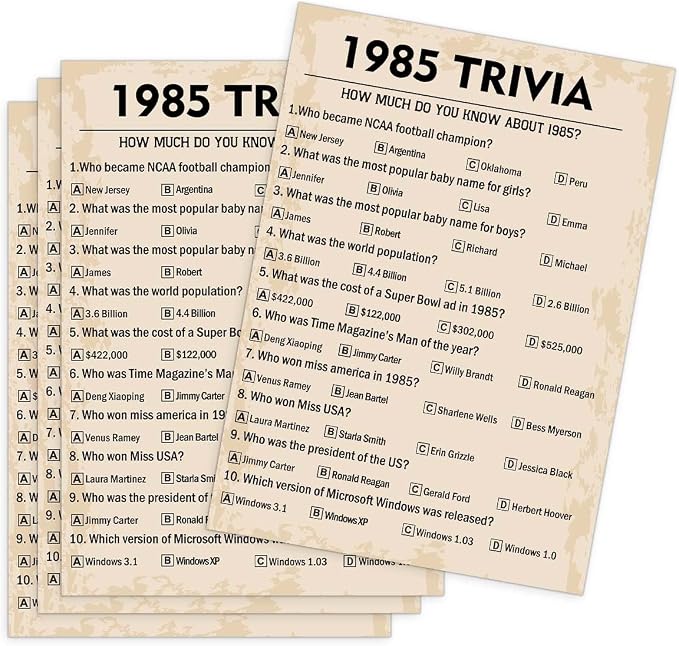 40th Birthday Party Games, 1985 Trivia Games, Birthday Party Supplies by QUPT