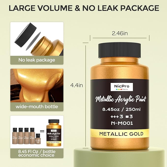 Nicpro Acrylic Paint Metallic, 3 Colors Gold, Copper 25.35oz/750ml Gold Leaf - Image 4