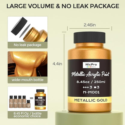 Nicpro Acrylic Paint Metallic, 3 Colors Gold, Copper 25.35oz/750ml Gold Leaf - Image 4