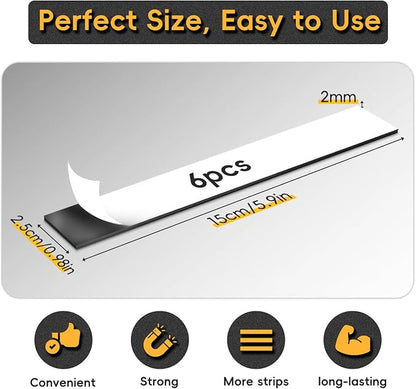 Magnetic Strips Self Adhesive, 6 Pack 6" x 1" Sticky Back Magnet Tapes - Image 2