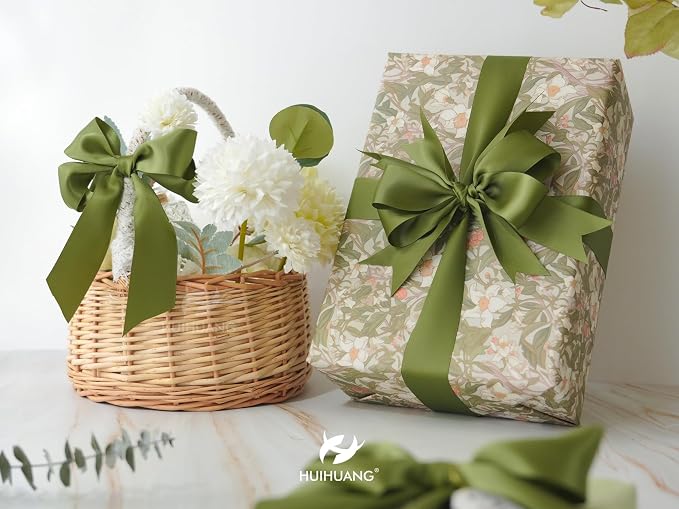 HUIHUANG Green Satin Ribbon 1-1/2 inch x 100 Yards Moss Green Double-Faced - Image 4
