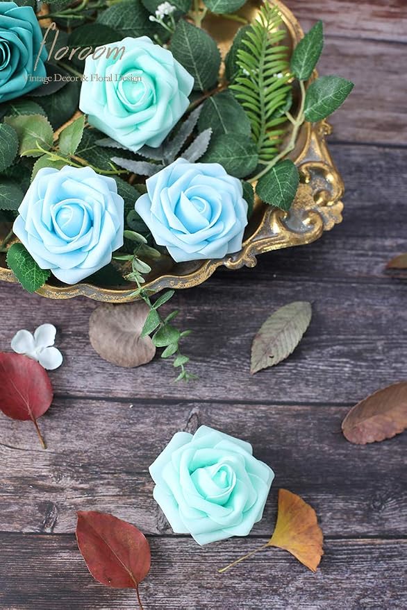 Floroom Artificial Flowers 25pcs Real Looking Aqua Blue Foam Fake Roses - Image 4