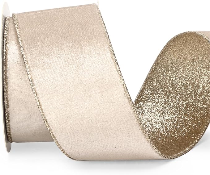 Ribbli Light Champagne Velvet Wired Ribbon 2.5 Inch Ivory Velvet by Ribbli