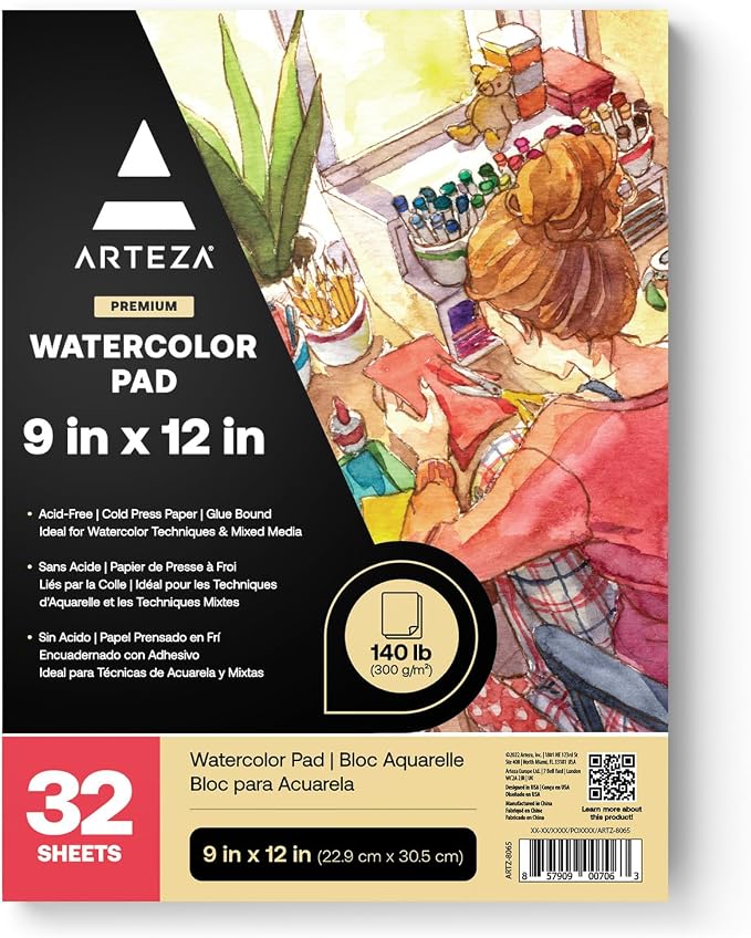 ARTEZA Watercolor Paper, 32 Sheets Each, 9x12 Inch Water Color Paper, by ARTEZA