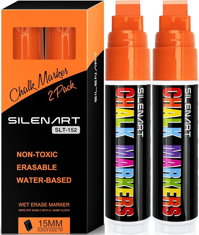 SILENART Orange Chalk Markers 2 Pack -15mm Jumbo Wide Thick Tip Auto Car Markers by SILENART-THEARTOFSILENCE