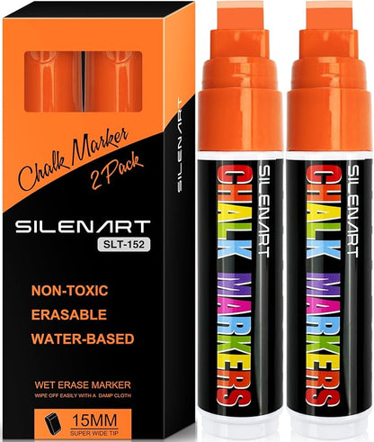 SILENART Orange Chalk Markers 2 Pack -15mm Jumbo Wide Thick Tip Auto Car Markers by SILENART-THEARTOFSILENCE